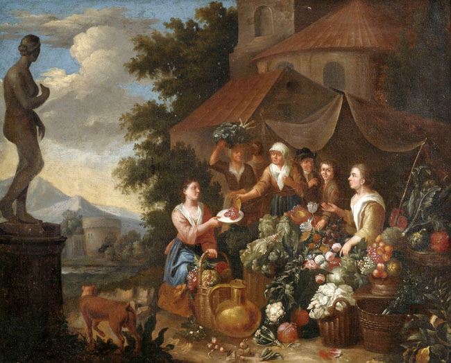 selling vegetables and flowers on an italian market stall